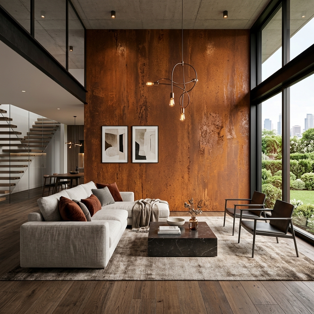 Parede em efeito aço corten enferrujado